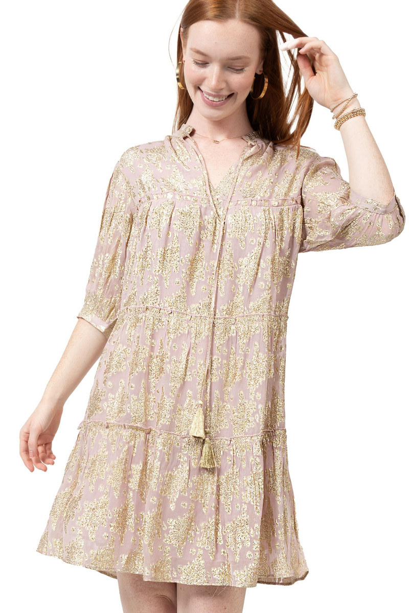 midi pink dress for women SALMA Fluted Sleeve Micro Rose Button Midi Dress in Pink