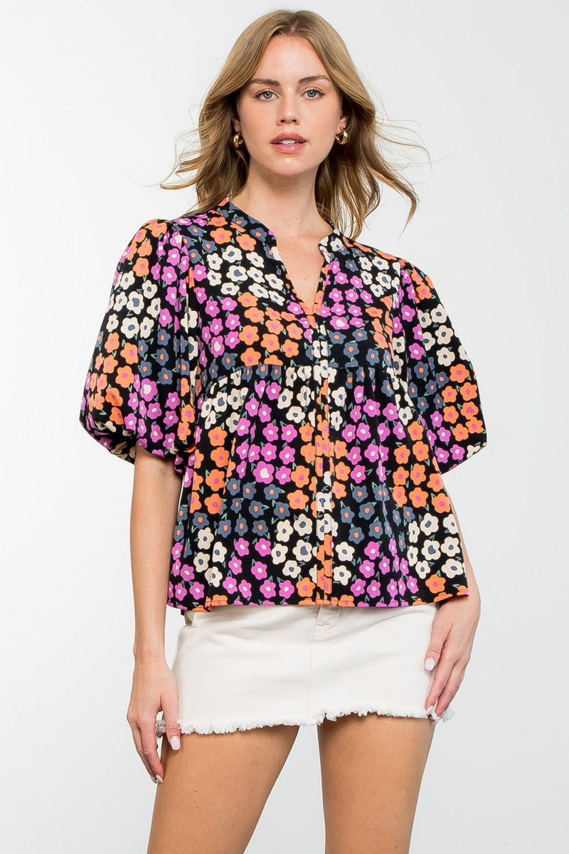 Floral Print Puff Sleeve Ruffle Top